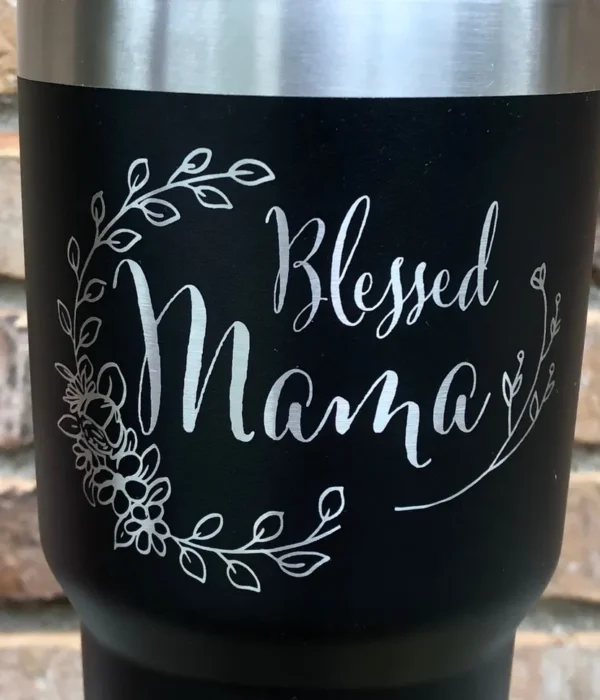 A mug with blessed mama written on it