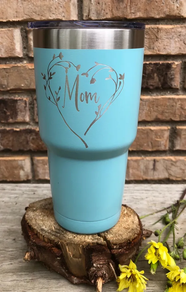 Mom Heart Thermal Tumbler with Straw in Blue